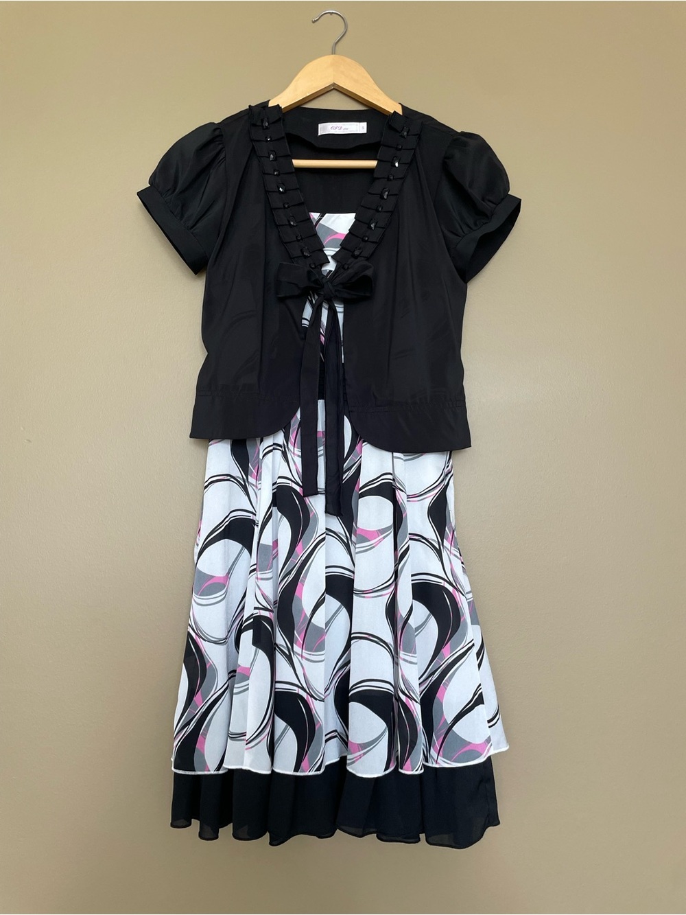 Black, White & Pink Patterned Layered Dress with Matching Black Cropped Shrug